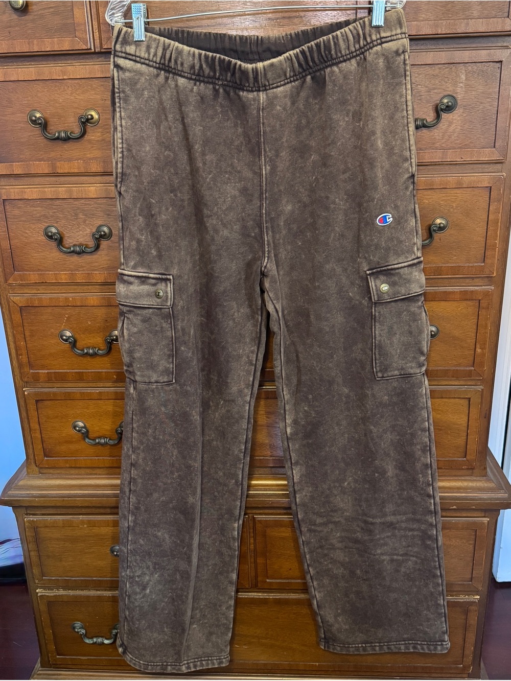 Champion Mineral Wash Cargo Sweatpants Brown Embroidered Logo Heavyweight Large